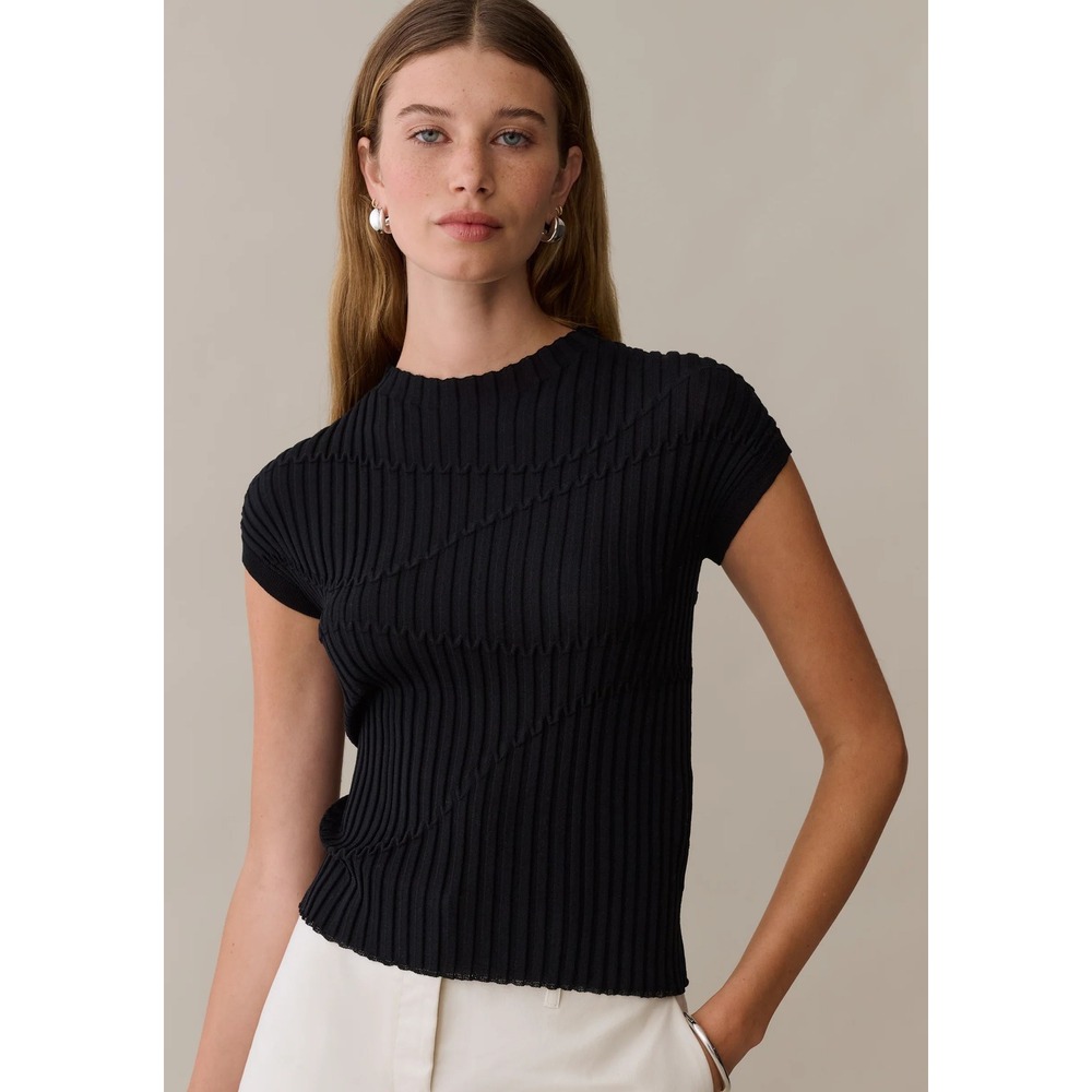 NWT Kourt Maura Short Sleeve Ribbed Top in Black - Size XS